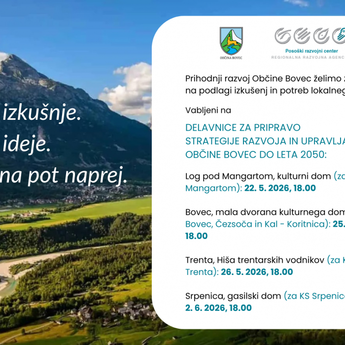 Vabilo na delavnice v sklopu priprave Strategije razvoja in upravljanja Občine Bovec do leta 2050