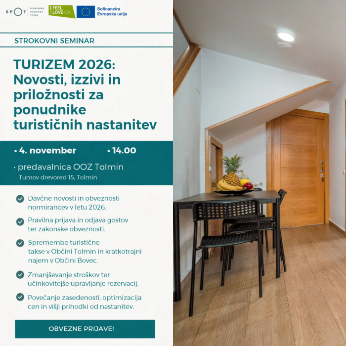 Vabilo na strokovni seminar TURIZEM 2026: Novosti, izzivi in priložnosti za ponudnike turističnih nastanitev