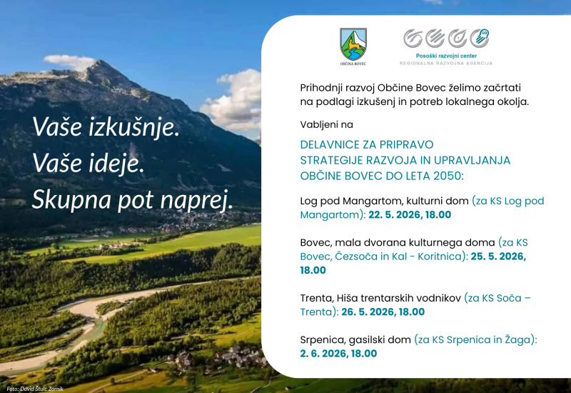 Vabilo na delavnice v sklopu priprave Strategije razvoja in upravljanja Občine Bovec do leta 2050